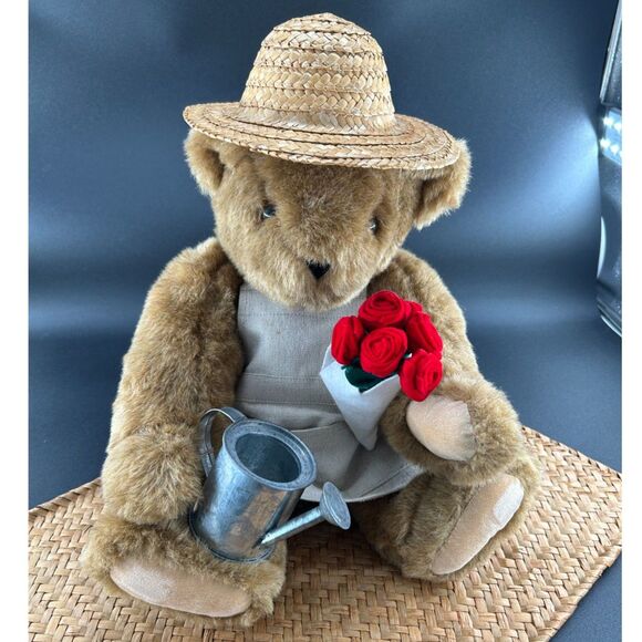 VTG The Vermont Teddy Bear Co, 15"Length Golden/Tan, Straw Hat, Bouquet Roses - Picture 1 of 13